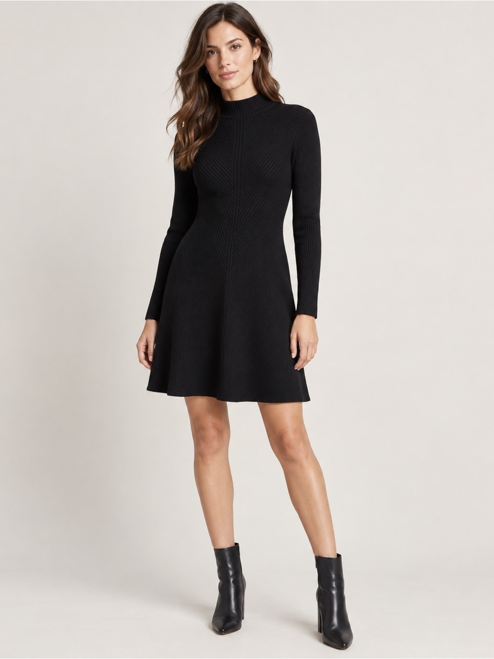 Theory Black Merino Blend Ribbed Long-Sleeve Fit-and-Flare Dress